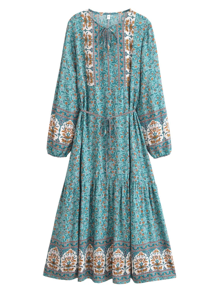 Vintage Chic Women Elegant Lace-up  Tassel Floral Print Beach Bohemian Maxi Dresses Robe Ladies Rayon Cotton Boho Dress Vestidos