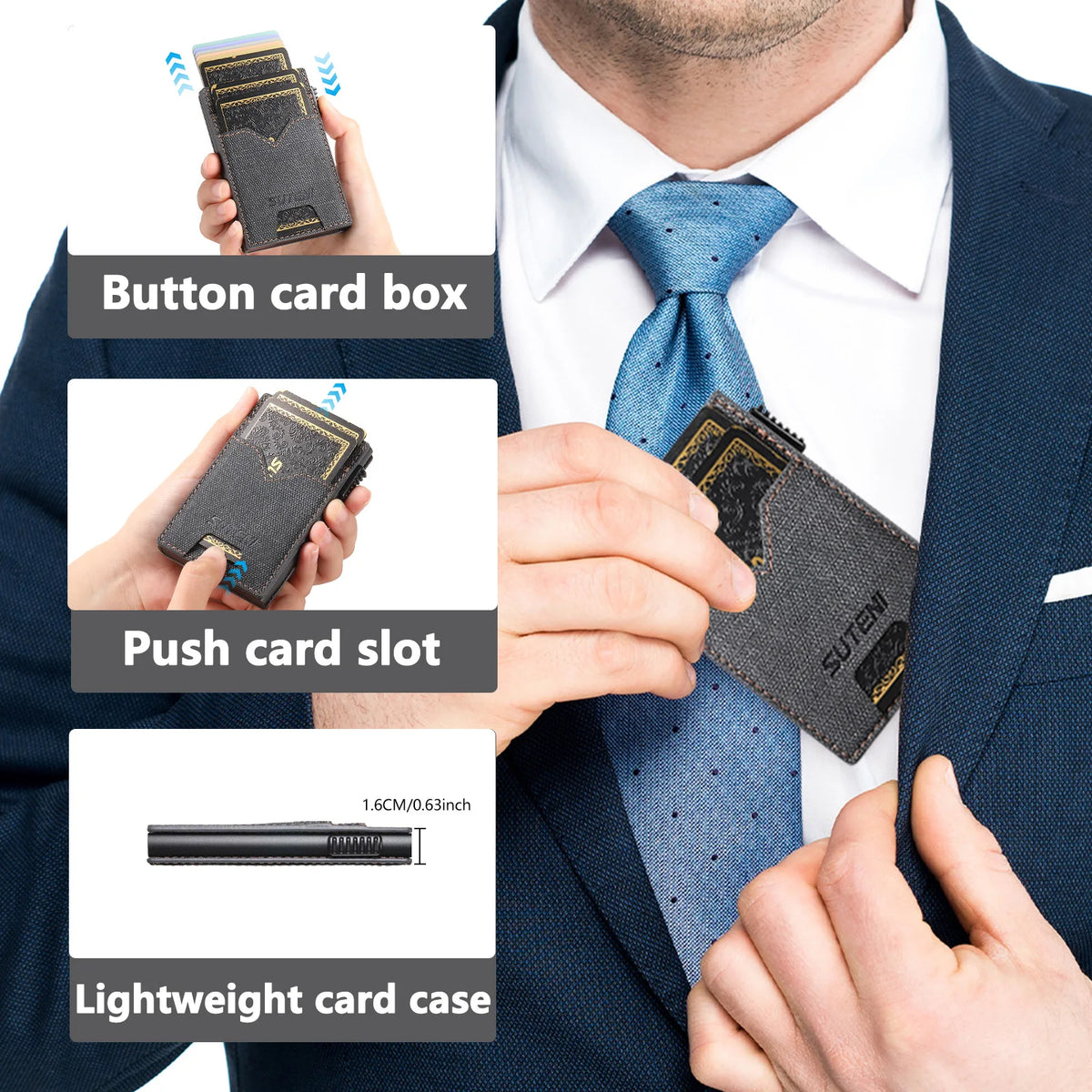 SUTENI Faux Leather Card Slot Wallet Flip Cover Unisex Card Box Pressing The Button Automatically Ejects The Card