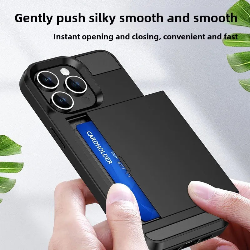 Phone Case for IPhone 16 15 14 Plus 13 12 11 Pro Max Wallet with Card Holder Slot Sliding Pocket Dual Layer Protective Cover