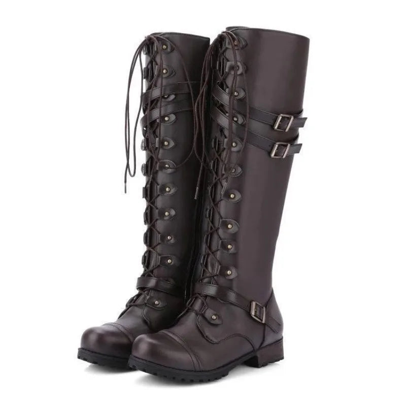 New Fashion Women Knee High Boots Brand Lace Up Platform Shoes Sexy with Buckle PU Retro Buckle Luxury Shoes Designer Snow Boots