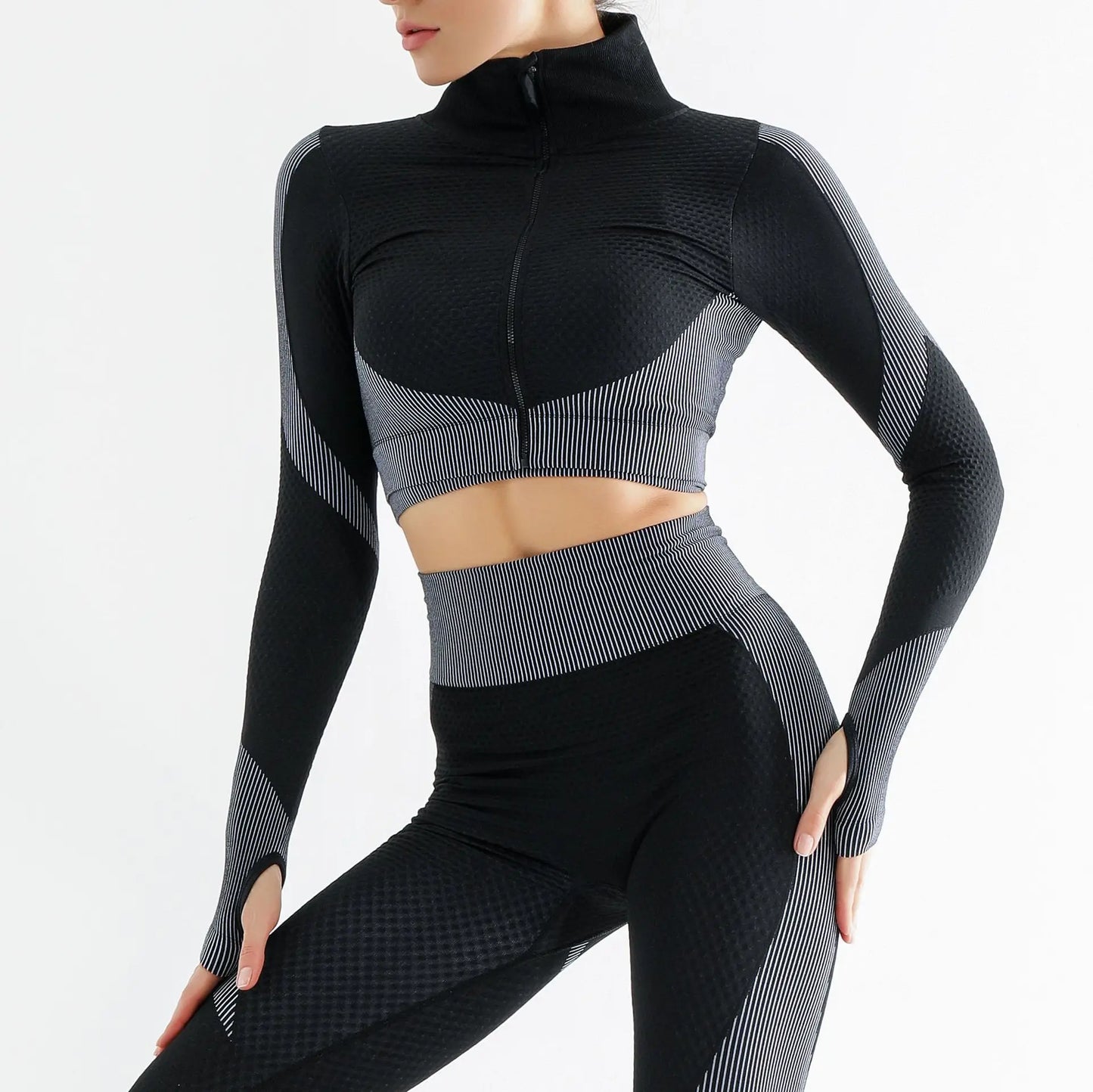 New  Spring Autumn Set Reticulate Stretch Fitness Seamless  Sportswear Suit For Women