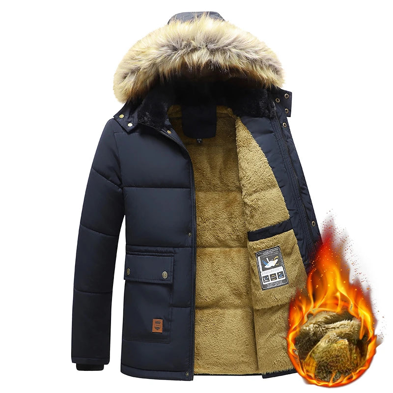2024 neue Männer Winter Herbst Arbeit Outwearing Parka Schwarz Fleece Gefüttert Dicke Warme Mit Kapuze Pelz Kragen Mantel Männlichen Größe 5XL Plüsch jacke