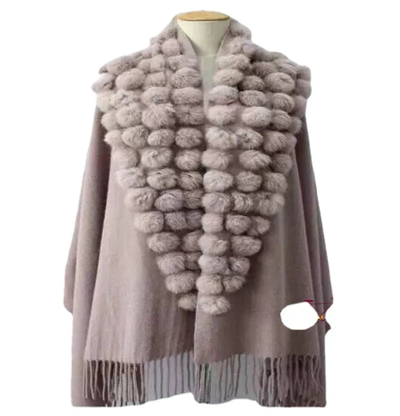 20 Colors Triangle Real Rabbit Fur Ball Shawl Wraps Winter Women Cashmere Tassel Cape Pompon Cloak Lady Mum Gift Casaco Feminino