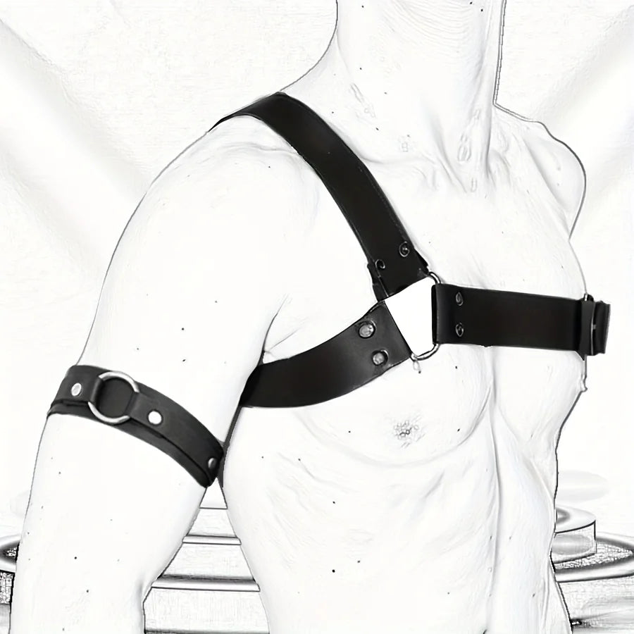 Gothic Punk Men'S Black Faux Leather Straps with Chest Harness & Arm Bands, Suits and Casual Attire, Stylish and Comfortable