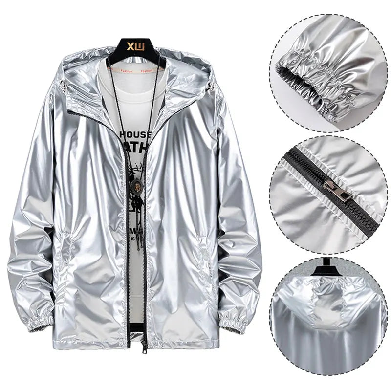 Men Shiny Jacket Shiny Silver Bright Hooded Zipper Bomber Jacket Autumn Thin Harajuku Windbreaker Waterproof Coats