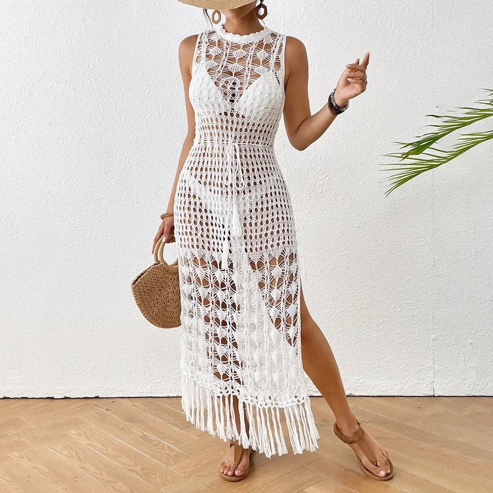 Casual Ladies Beach Skirt Hollow out Floral Print Long Dress Waist Cinched Fringed Sandy Coastline Women's Fashion Outerwear