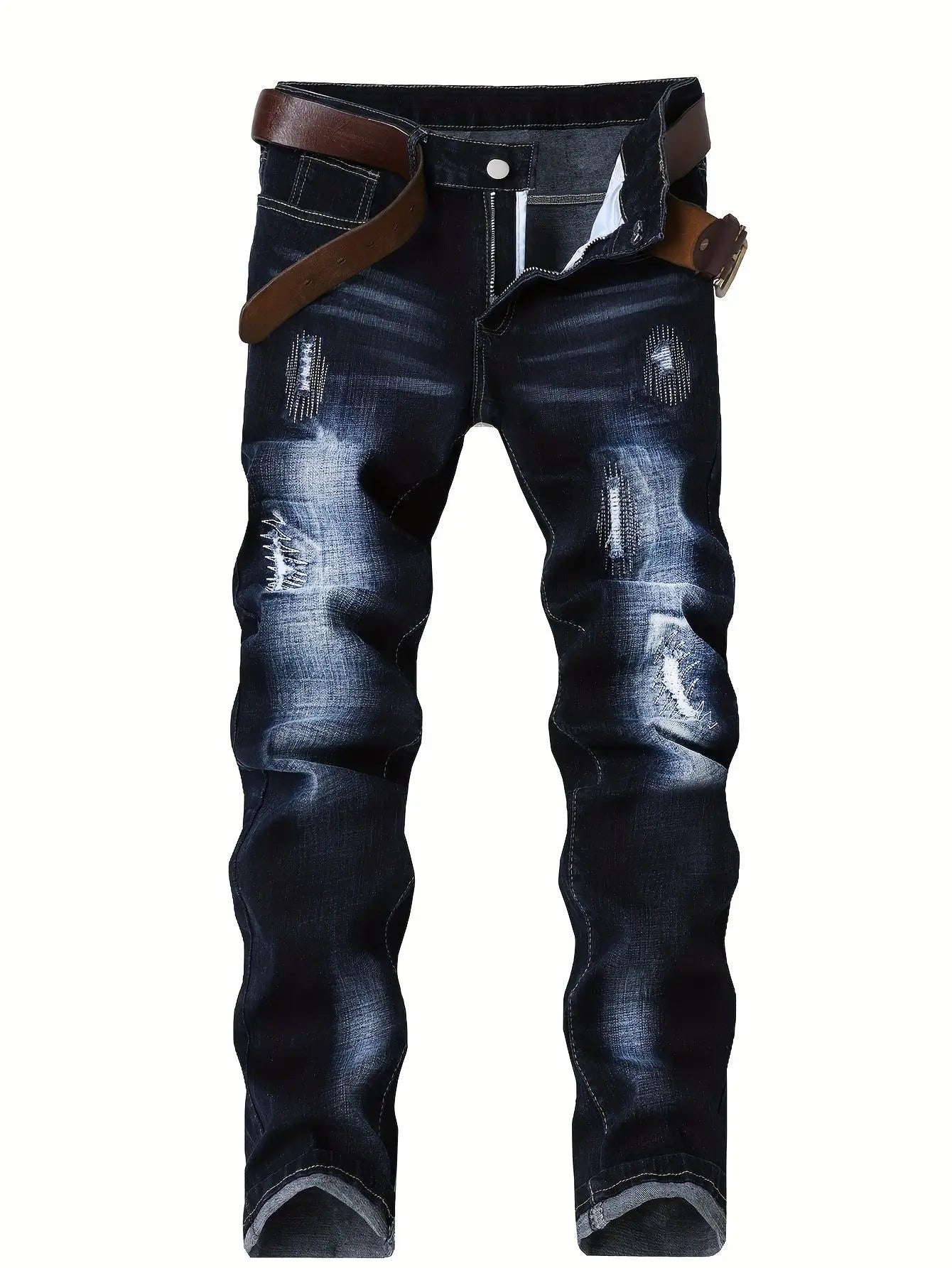Motorcycle Trendy Straight Men's Jeans Elastic Washed Fashion Streetwear Denim Pants Embroidery Hip-Hop Trousers (Without Belt)