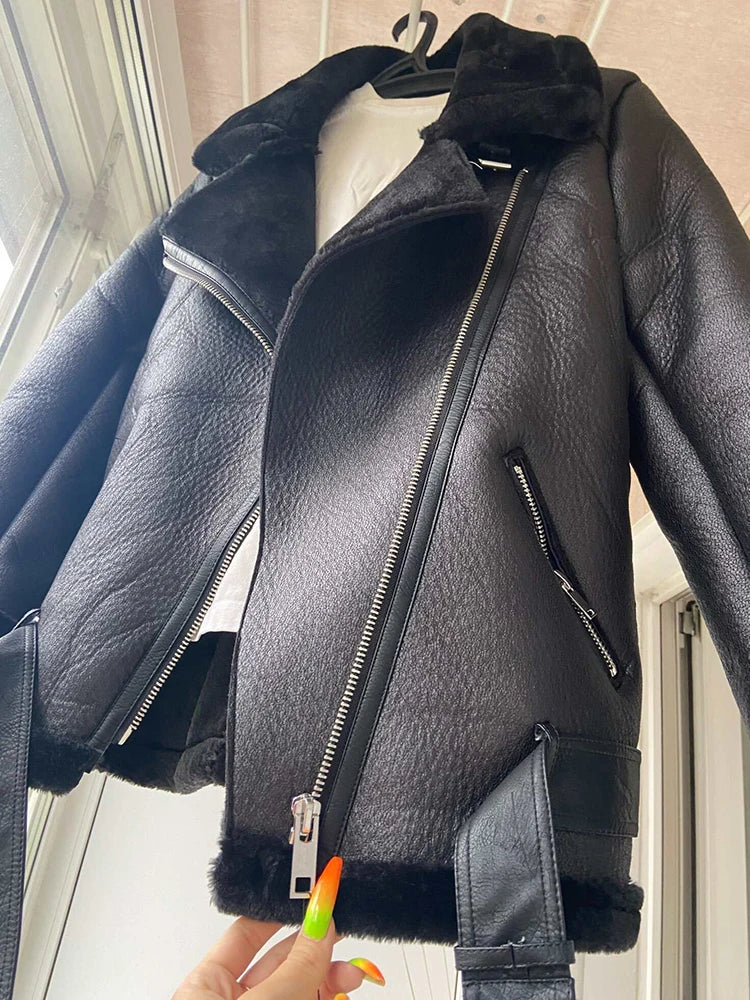 Ailegogo Warm Women Faux Fur Jacket with Belt Streetwear Female Moto Biker Loose Thick Coat Fashion Autumn Winter Outwear