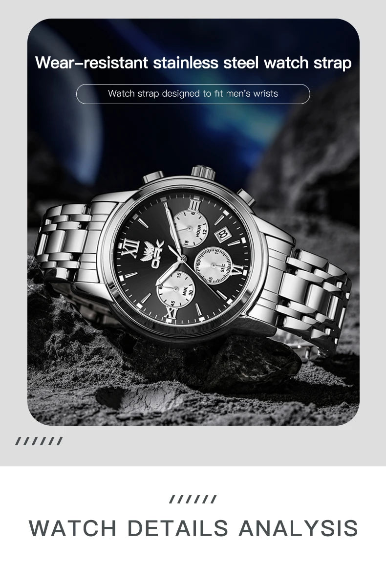 OPK Trendy classic three eye dial men's quartz watch waterproof genuine luminous men's watch for man chronograph date wristwatch
