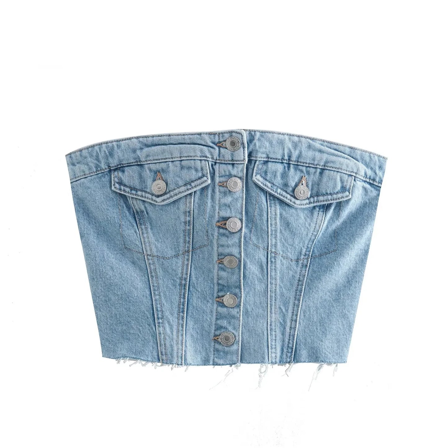 Combhasaki Women's Y2K Button Down Slim Fit Denim Tube Tops Off Shoulder Party Short Wrap Chest Backless Smocked Vest Bandeau