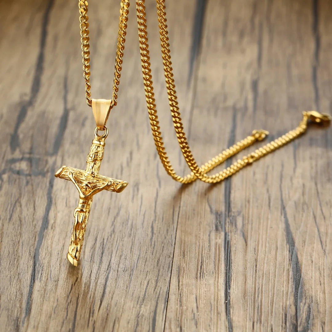 Stainless Steel Cross Necklace Catholicism Jesus Pendant Gold Color Collar Church Prayer Faith Jewelry for Men Women Gift