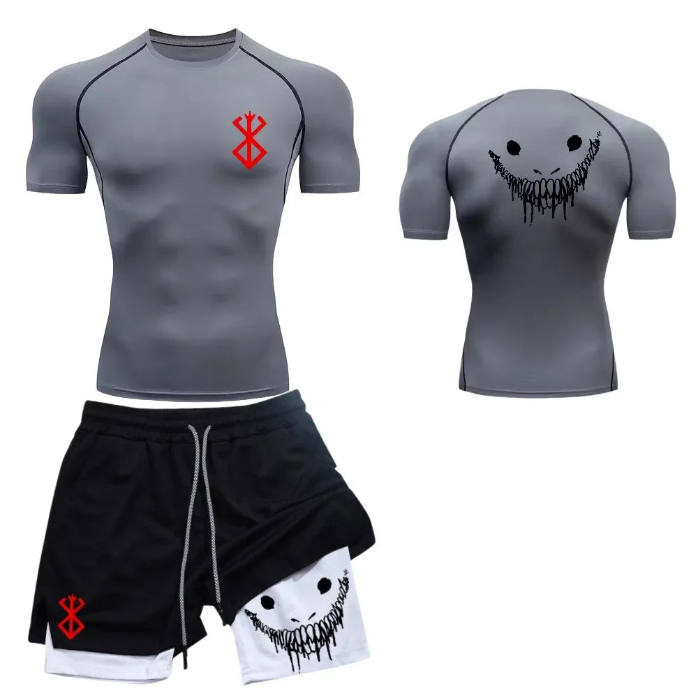 Men's fashionable casual fitness set, gym quick drying sportswear, shorts+shirt, 2-piece set, running, training, summer