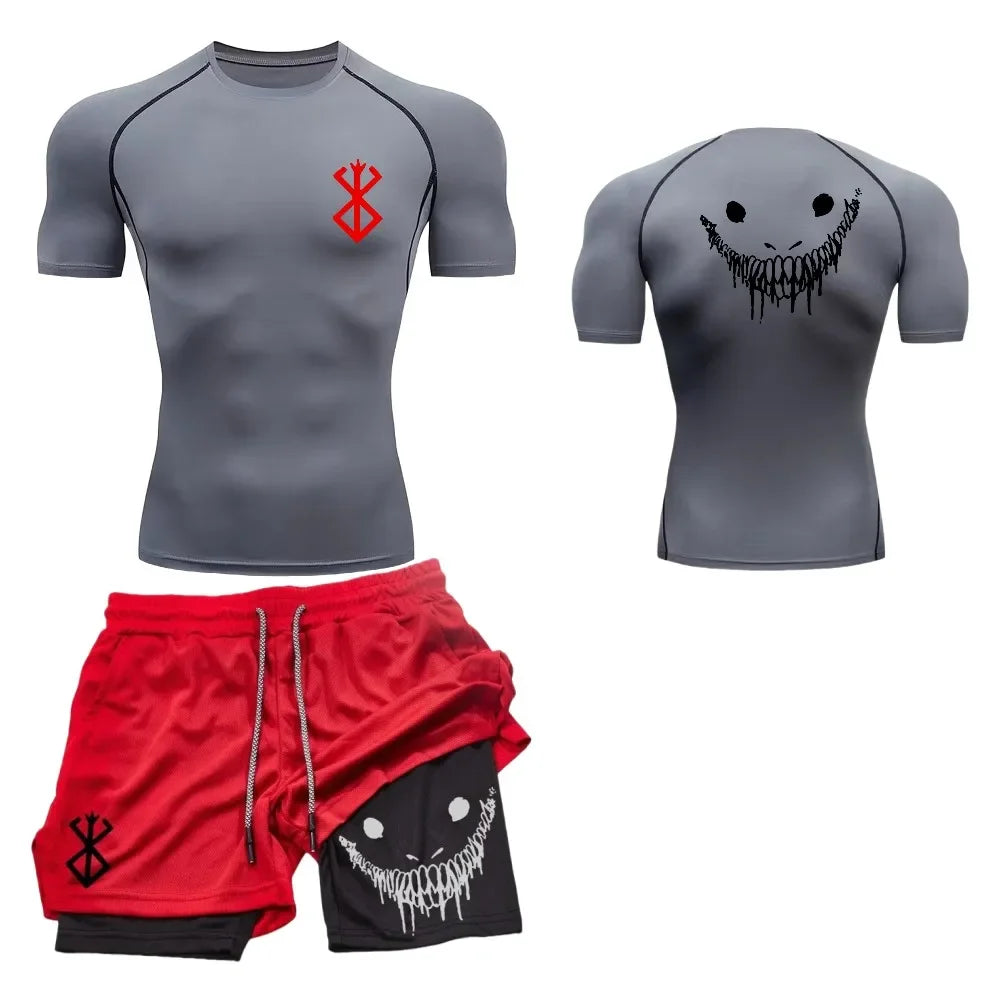 Men's fashionable casual fitness set, gym quick drying sportswear, shorts+shirt, 2-piece set, running, training, summer