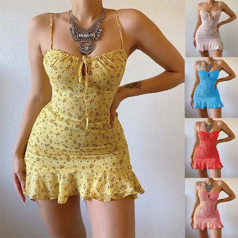 Floral Hollow Out Strap Dress Women's Midi Dress Floral Print Halter Neck Backless Dress Summer Casual Dresses for Women