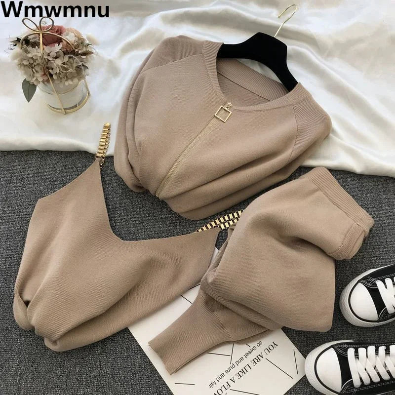 Womens Knit 3 Piece Sets V Neck Spaghetti Tops + Loose Cardigan Coats Suit + Knitwear Jogger Pants Fall Winter Casual Conjuntos