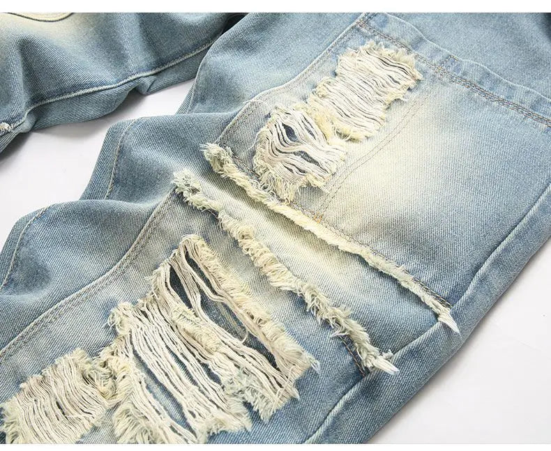 Autumn Men's New Light Blue Slim Fit Jeans Men's Ripped Loose Jeans Elastic Hole Versatile High Street Denim Pants Retro Washed