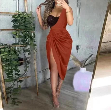 Sexy Pure Color Wish Women's Dress with Slit And Pleats for Evening Gown Knee-Length Asymmetrical Shoulder Design Polyester Fibe