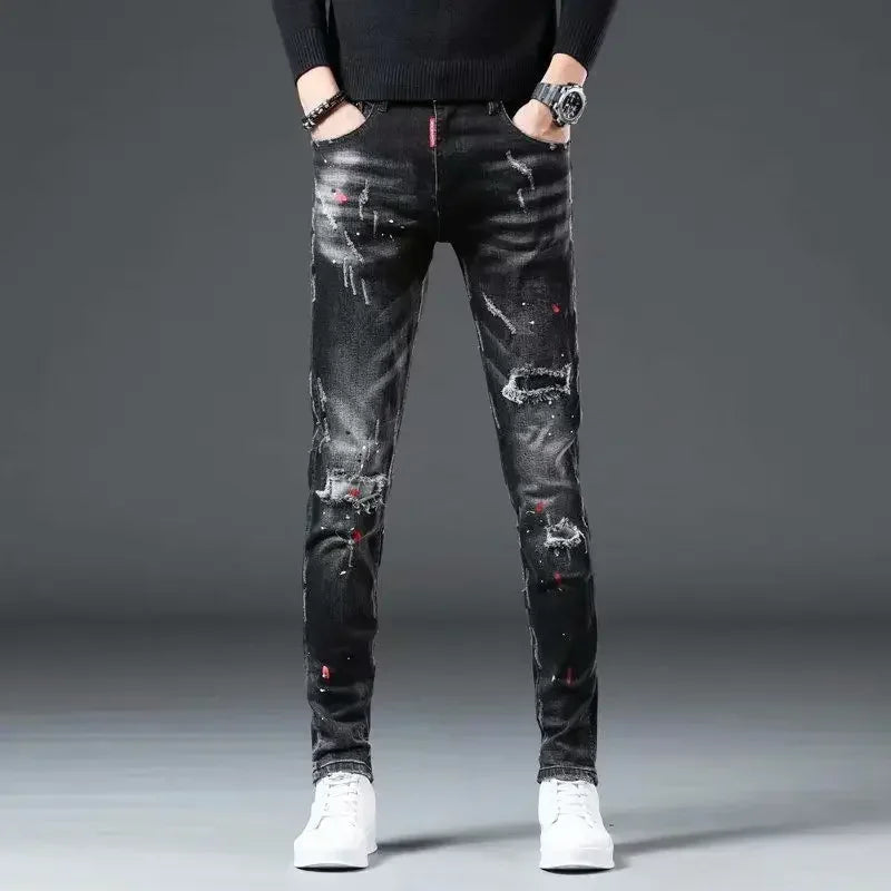 Trousers Ripped Torn Patch Man Cowboy Pants Slim Fit with Holes Men's Jeans Tight Pipe Skinny Broken 2025 Korean Autumn Goth Xs