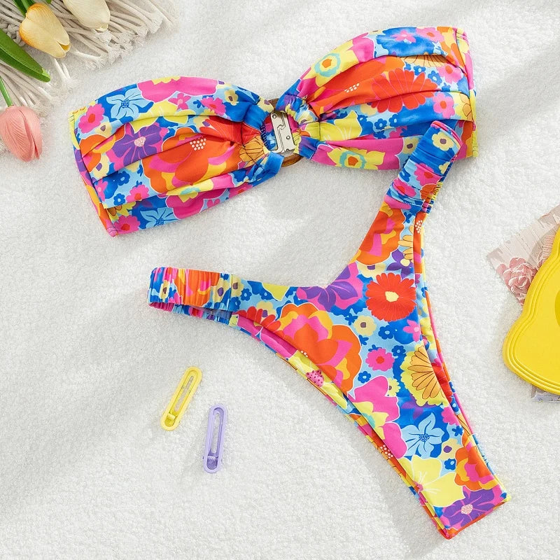Micro Bikini Push Up Women Swimsuit Fashion Floral Pattern Split Bandeau Bikini Set Sexy Lady 2 Piece Bathing Suit Biquini