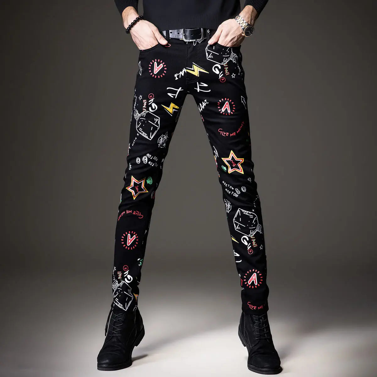 Luxuriöse Jeanshose für Herren, Hip-Hop-Jeans mit Graffiti-Print, Designer-Jeans in Slim Fit, trendige schwarze Jeans, Stretch-Cowboy-Baumwollhose für Männer