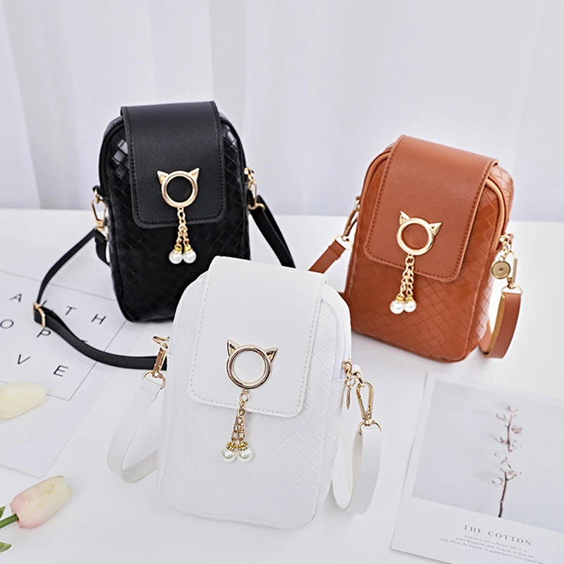 1PC Mini Cross-body Mobile Phone Shoulder Bag Women Fashion Woven Pearl Tassel Cover-style Female PU Leather Small Purse Clutch