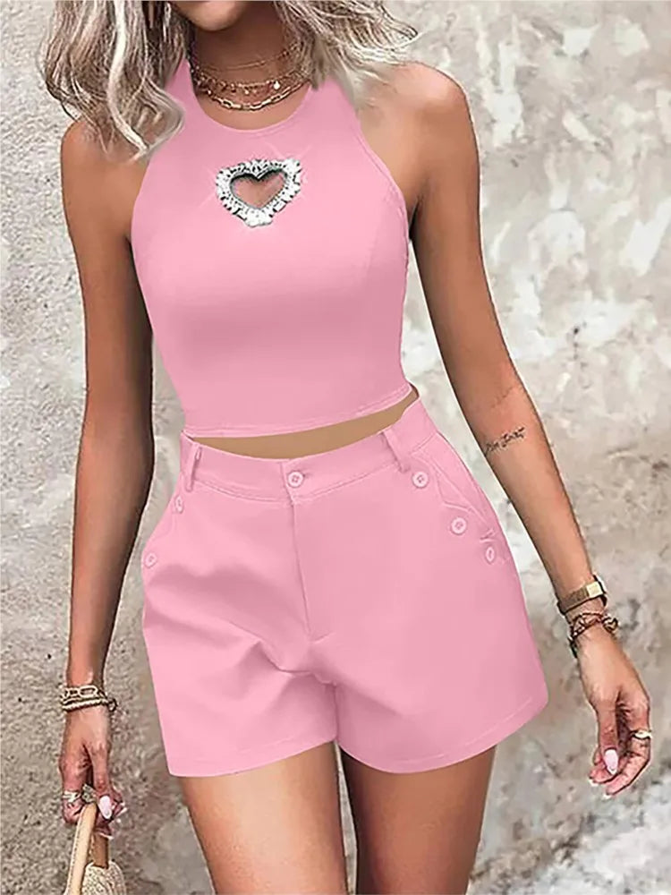 Summer Fashion Love Ironing Diamond T-shirt Top Women Suit Simple Pocket Shorts Leisure Sports Vacation Green Female 2 Piece Set