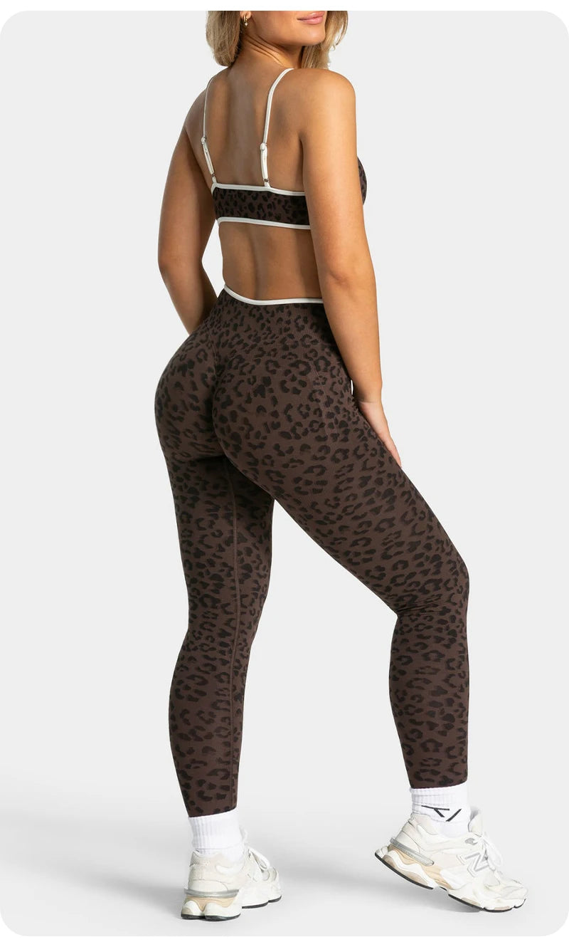 Women's Seamless Yoga Set Leopard Print Color Block Bra Top & Long Pants Workout Suit