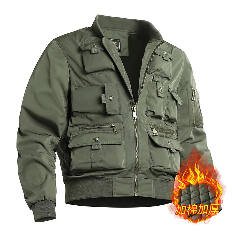 Autumn and Winter Men's stormcoat  New Solid Color Multi Pocket Loose Outdoor Fishing Work Coat Men Retro Waterproof Jacket