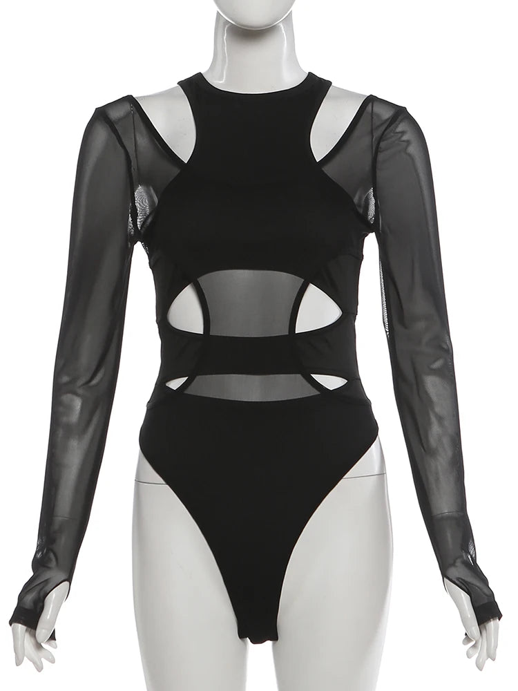 Kliou Mesh Patchwork Bodysuits Woman Irregular Hollow Design o-Neck Full Sleeve Skinny Stretch Hot Girls Sexy Fashion Bodycon