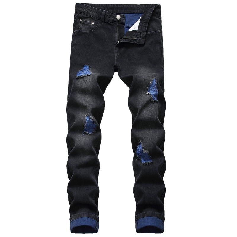 High Quality Men Casual Black Jeans Paint Slim Straight Hole Biker Jeans Autumn Jean Homme Male Denim Pants Plus Size
