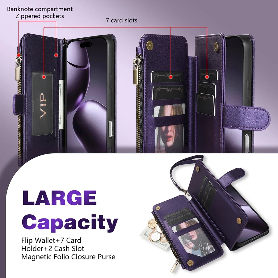 Wallet Multi-card Slot Zipper Kickstand Magnetic Flip Leather Case For iPhone 17 Pro Max 17e Air 16e 15 Plus 14 13 12 11 XR 8 7