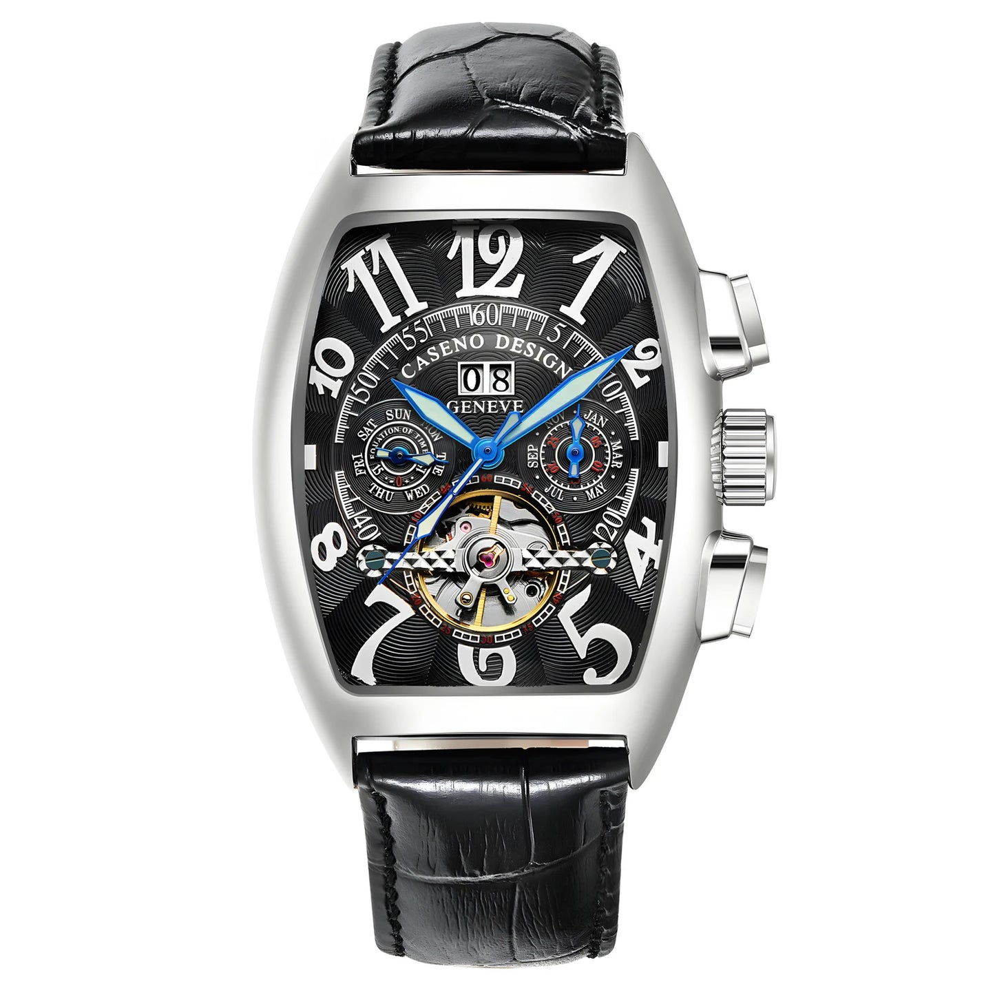 CASENO Top Luxury Brand Men's Fully Automatic Mechanical Tourbillon Watch Calendar Night Glow Tonneau Skeleton Watch -577G