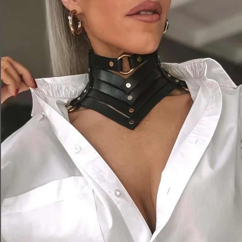 Gothic Punk PU Leather Chain Necklace, Adjustable O-Ring Lariat, Y2K Style Lockbone Chain, with Adjustable O-Ring, Daily