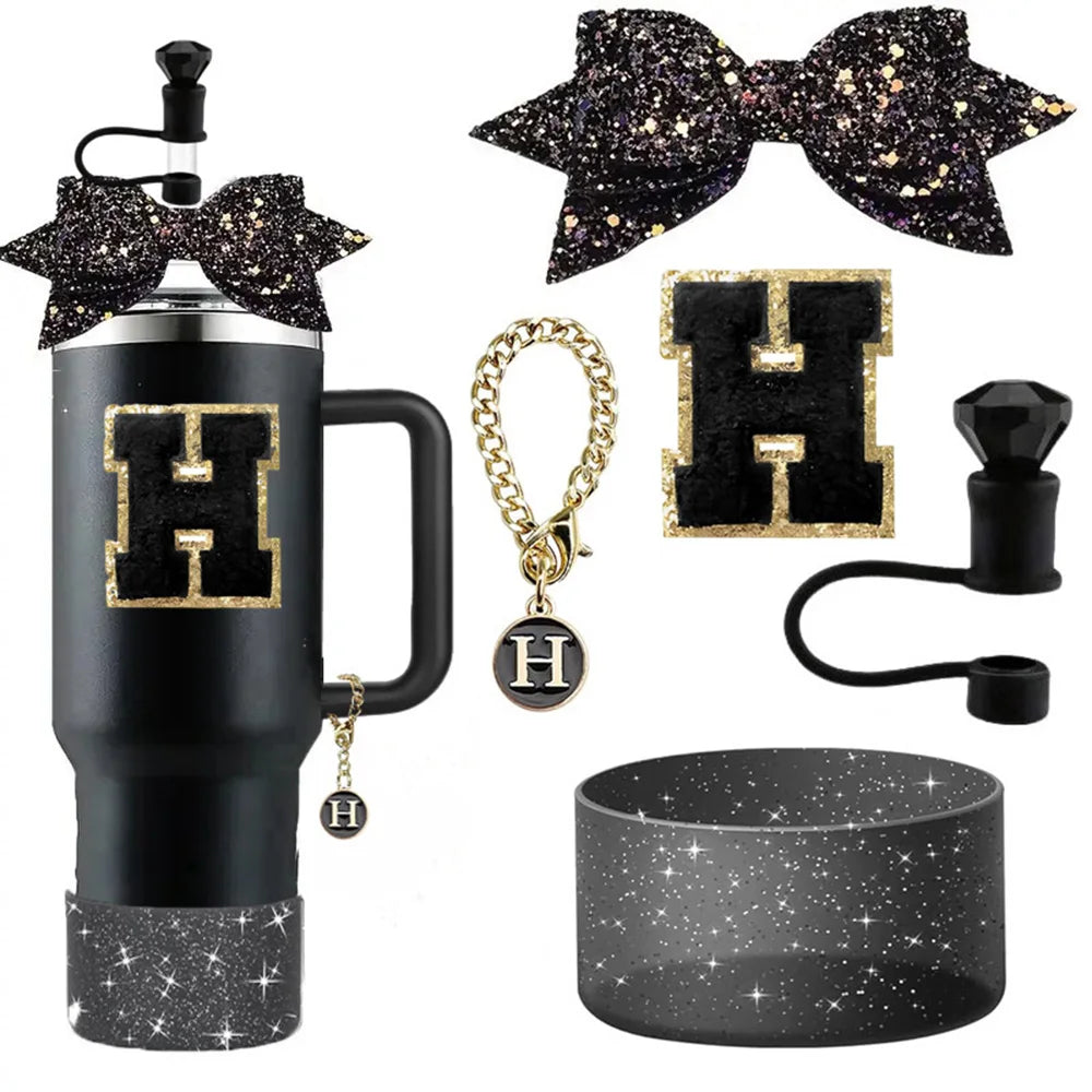 5pcs Accessories Set for Stanley 30oz 40oz Tumbler Cup Including 10mm Diamond Straw Cover Topper Bow Ties Initial Sticker