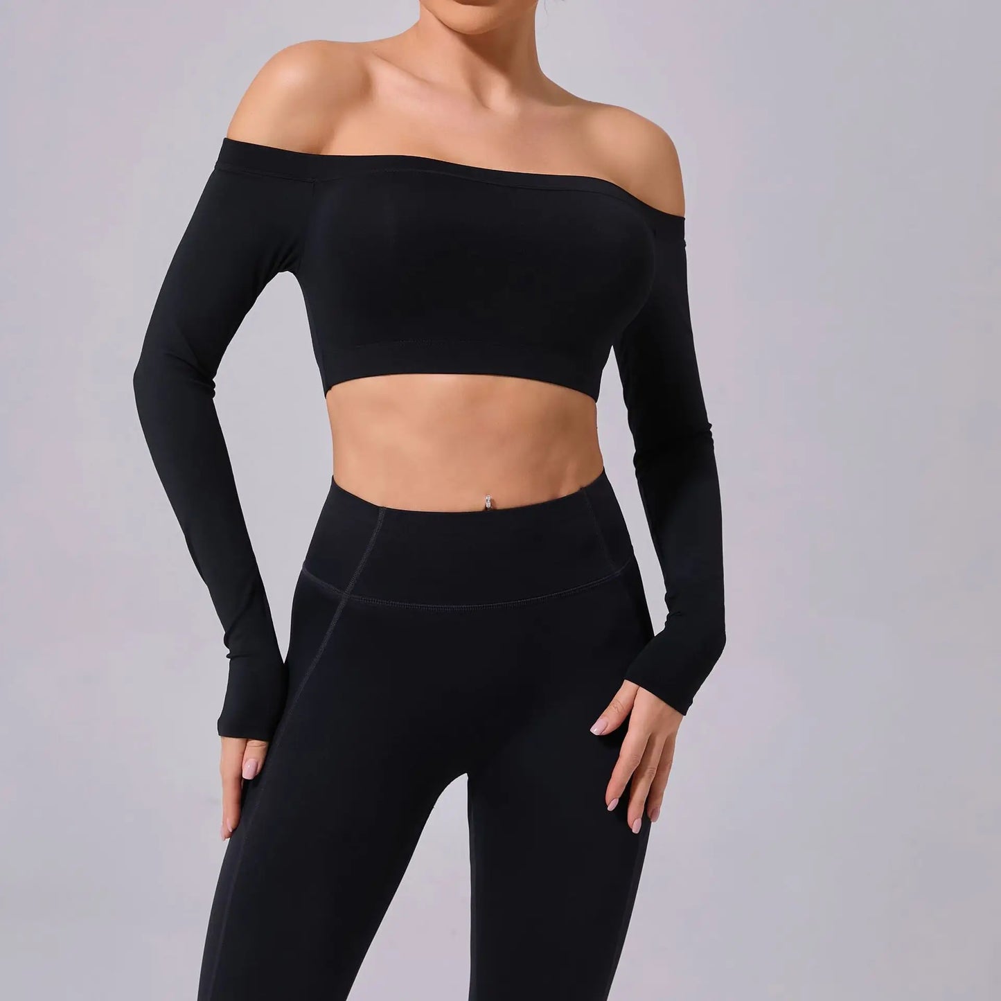 One shoulder T-shirt, long sleeved yoga suit, women's sandblasted tight fitting fitness suit, paired with a sports running top