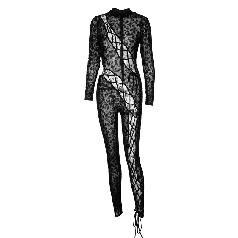 Skinny Hollow Out Cross Bandage Patchwork Jumpsuits Women Leopard Print Retro Fashion Sexy Cleavage Bodycon Party Clubwear Hot