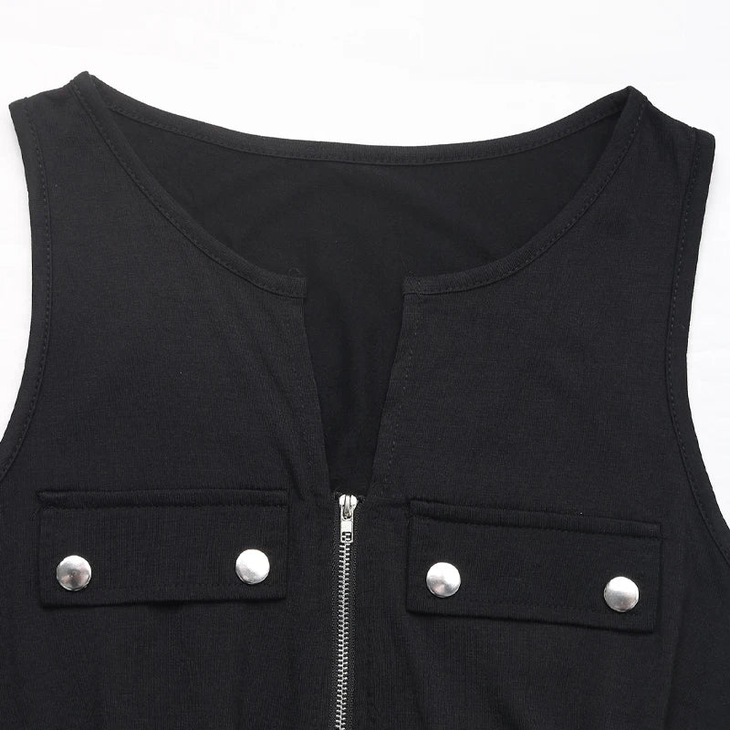 Womens Black Sleeveless Notch Neck Zip Front Drawstring Waist Romper Fashion Comfortable Summer Casual Daily Playsuit