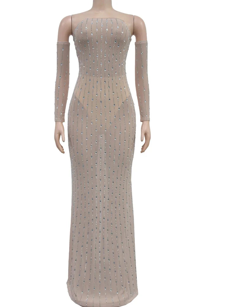 Kricesseen Damen Partykleider mit durchsichtigem Netz und Strasssteinen und Handschuhen, glamouröse Abendkleider aus Kristall, Vestidos De Fiestas Clubwear