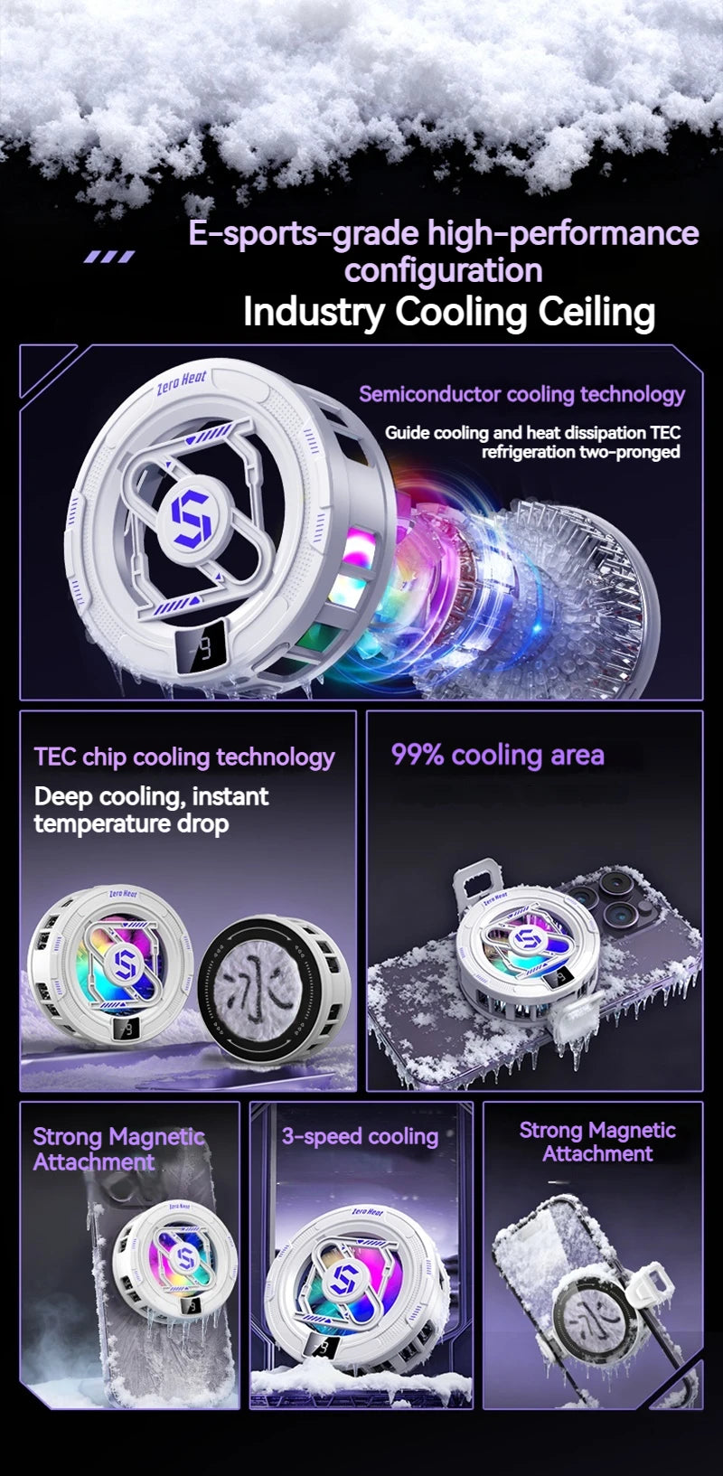 Semiconductor Magnetic Cooler With Temperature Display Radiator Fast Heat Dissipation for Phones Gaming Tablet Cooling Pad