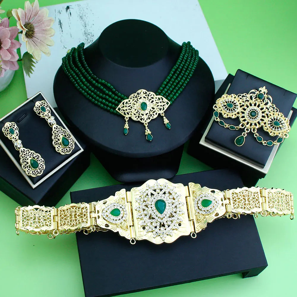 Sunspicems Morocco Bride Wedding Jewelry Sets For Women Gold Color Arabic Caftan Waist Belt Brooch Bead Choker Necklace Earrings