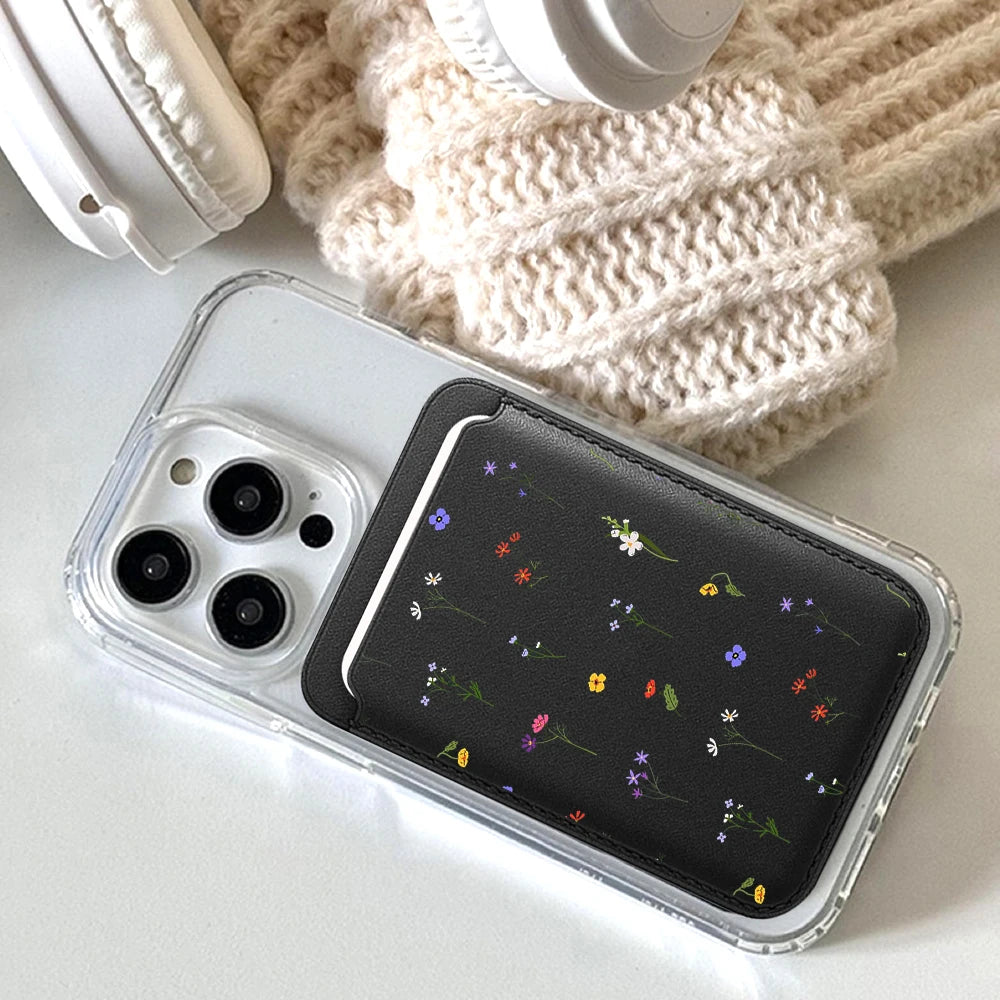 Leather Card Wallet Cover Magnetic Phone Card HolderPhone Back Bag Cute Flowers Case Suitable For all iPhone For Magsafe Card