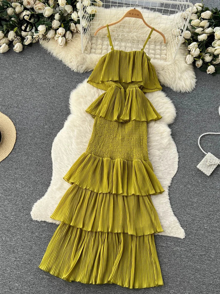 SINGREINY Women Hotsweet Chiffon Sundress Strap Cake Backless Sheath Bodycon Long Dress Vacation Retro Elastic Beach Dress