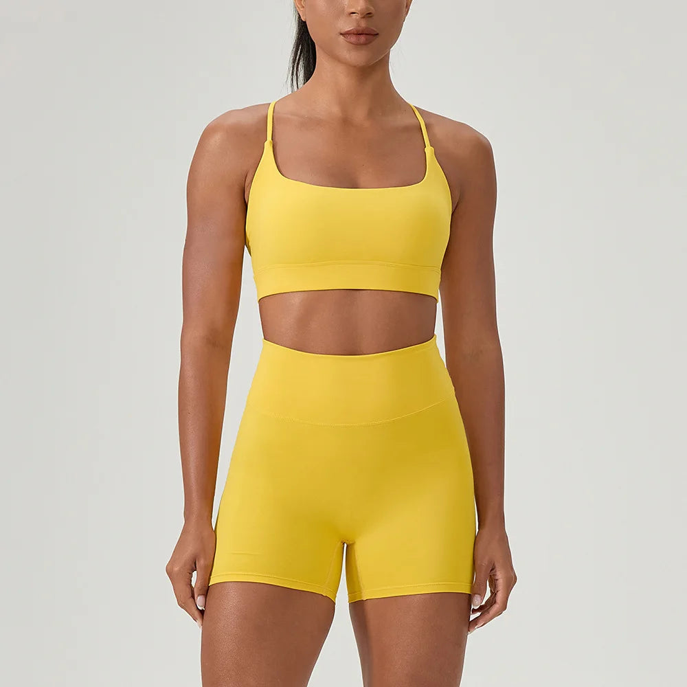 Yoga suit set, sexy back, sports bra, high waist, hip lifting, tight shorts, running and fitness two-piece set Women' Yoga sets