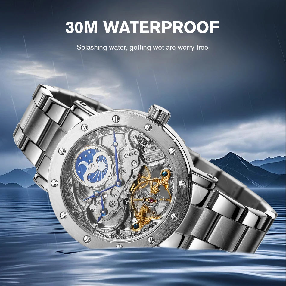 Luxury Brand GMT Time Zone Moon Phase Automatic Movement Man Watch Stainless Steel Skeleton Mechanical Waterproof Male Clockwork