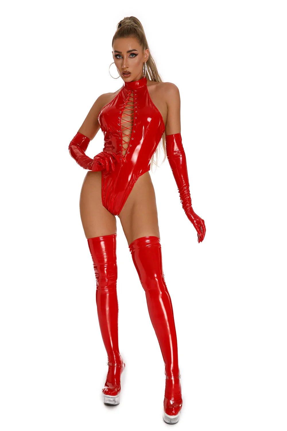 Womens Latex Catsuit Wet Look Lace-Up Body PVC Teddy Fetish Bodysuit Exotic Parties Night Club Wear Pole Dancing Full Set