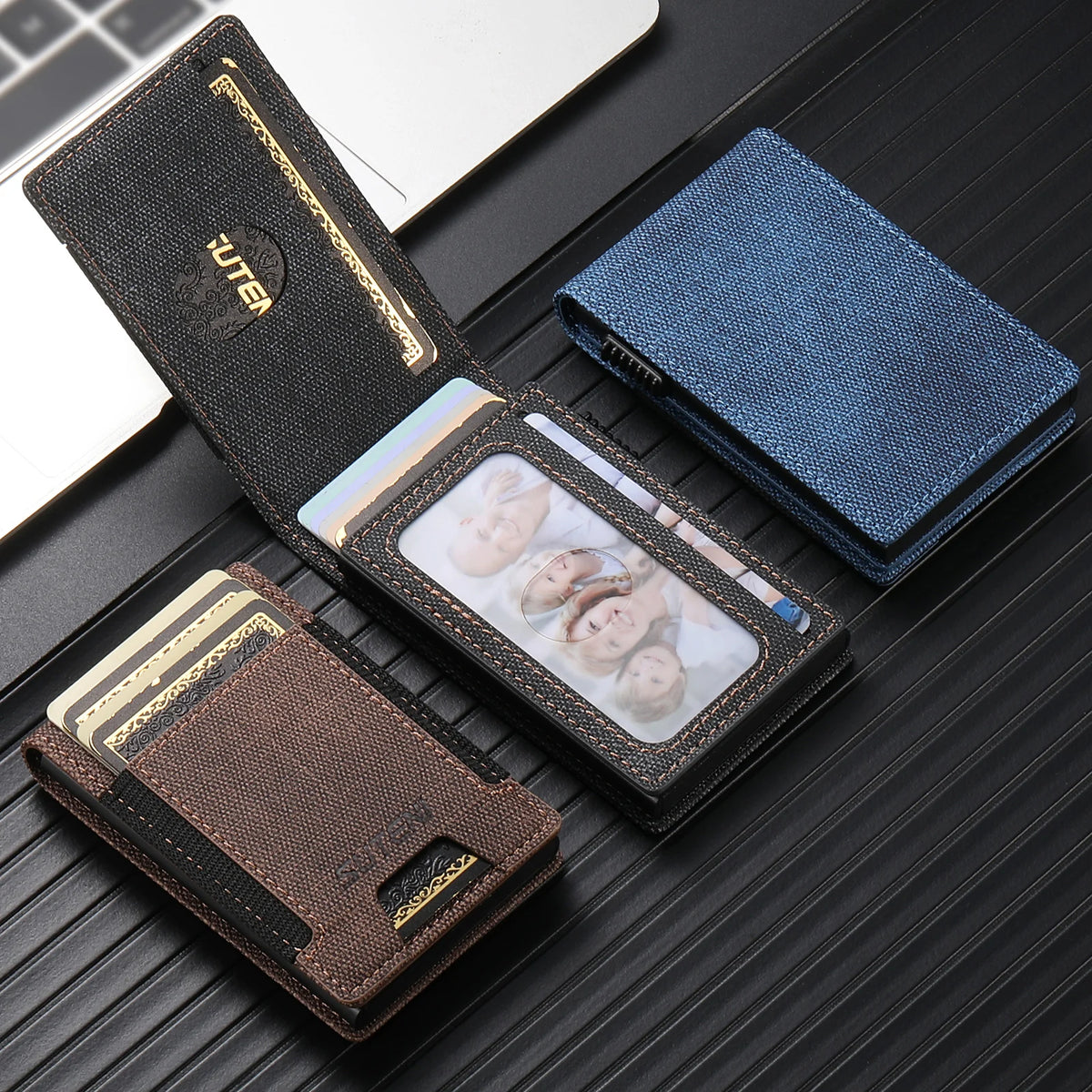 SUTENI Faux Leather Card Slot Wallet Flip Cover Unisex Card Box Pressing The Button Automatically Ejects The Card