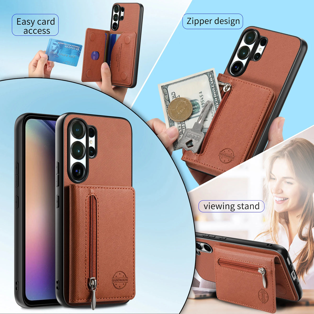 Zipper Cards Wallet Leather Phone Case For Samsung Galaxy S26 S24 S23 S22 Ultra Plus S23 S26 S25FE Purse Card Holder Stand Cover