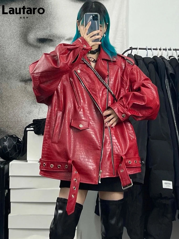 Lautaro Spring Autumn Oversized Red Shiny Crocodile Pattern Leather Biker Jacket Women Long Sleeve Zipper Belt Cool Fashion 2022