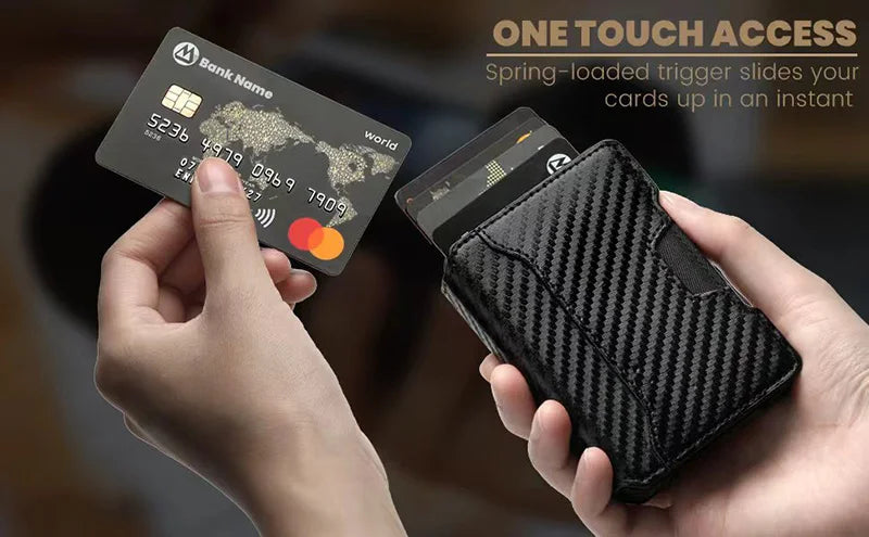 Aluminum Pop Up Card Case and Leather Slots Credit Card Holder RFID Blocking Wallet for Men with Gift Box