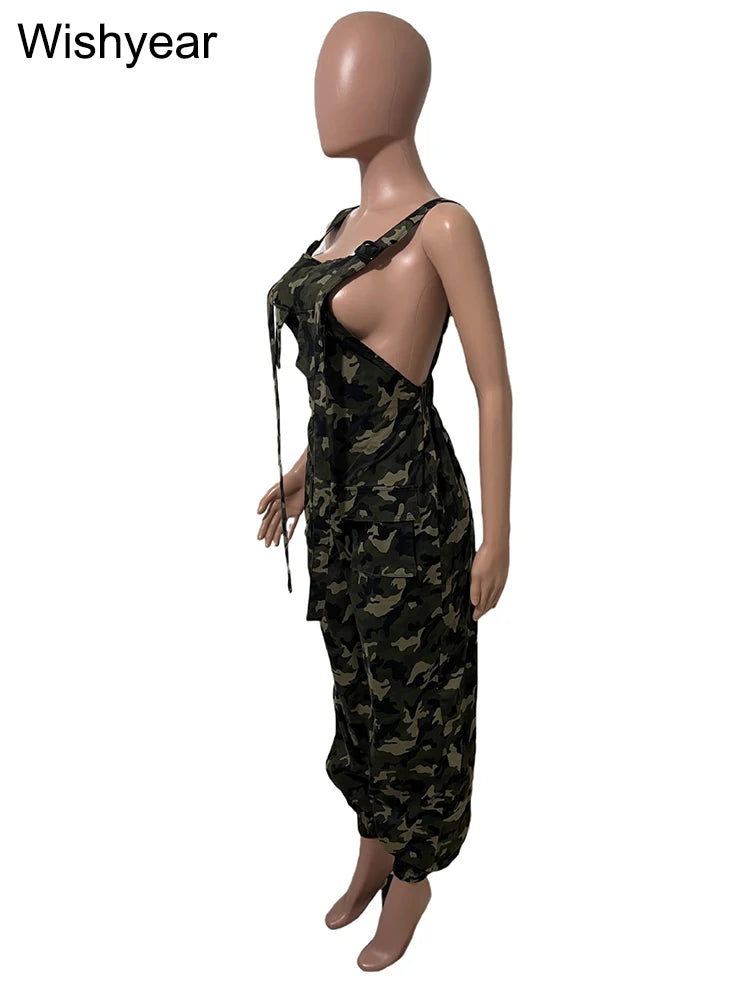 Casual Streetwear Army Green Jumpsuits Women Camouflage Pockets Splice Suspenders Loose One Pieces Cargo Pants Rompers Overalls
